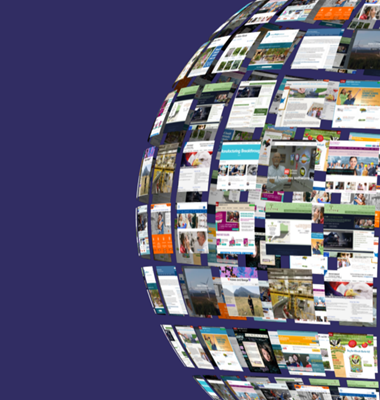 Graphic of a sphere made up of tiles depicting websites and projects