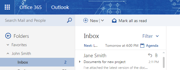 Screenshot of Microsoft Office 365 Outlook email inbox