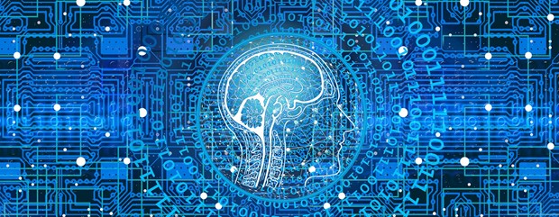 Graphic of a circuit board leading to an illustration of the human brain
