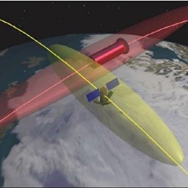 Still frame from a computer animation of two objects in low earth orbit in close proximity to each other