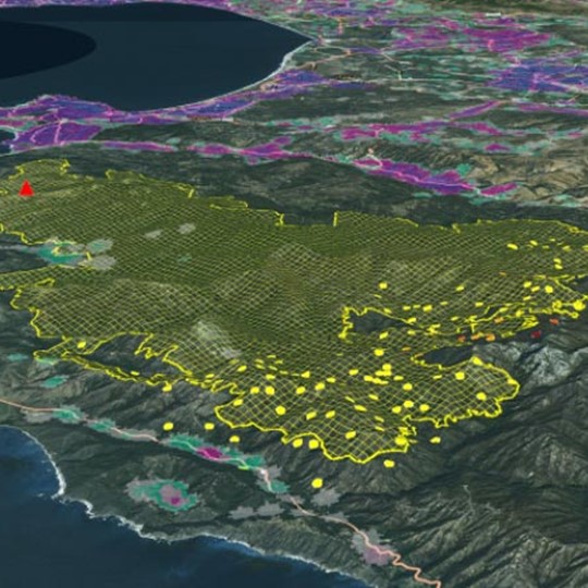 Map showing areas of wildfires